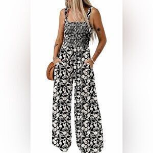 Overalls One Piece Sleeveless Printed Wide Leg Rompers With Pockets